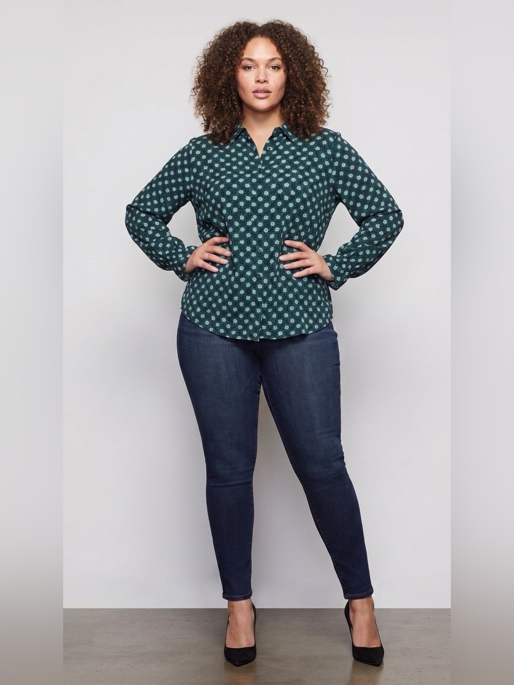 Talbots Teal and White Floral Button-Up Blouse